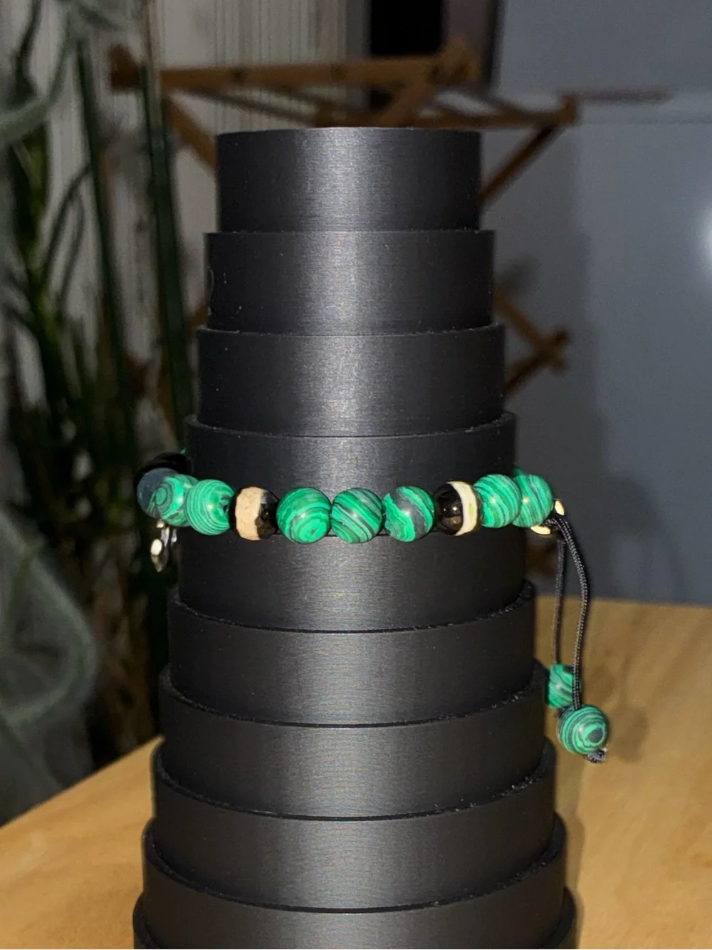 Steve Madden Malachite & Black Onyx Bead Anchor Charm Adjustable Bracelet